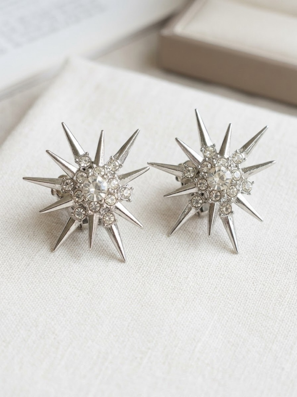 Vintage Butler Silver Starburst Crystal Spike Clip-On Earrings Celestial Stateme